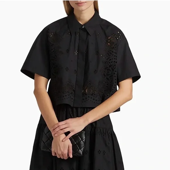 A.L.C Jade Black Cotton Eyelet Embroidered Short Sleeves Blouse Top size L - Picture 5 of 14